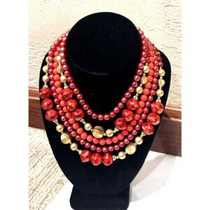 JAPAN RED GOLD FAUX PEARL BEAD5 STRAND BIB COLLAR VINTAGE NECKLACE EUC